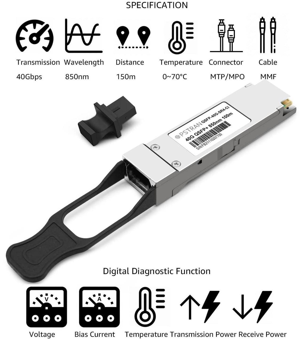 Alt view image 2 of 5 - OPSTRAN 40GBASE-SR4 QSFP+ Optical Transceiver Module Compatible with Cisco QSFP-40G-SR4 Meraki MA-QSFP-40G-SR 40G QSFP+ SR4 850nm 100m DDM MTP/MPO-12 MMF 4 Pack