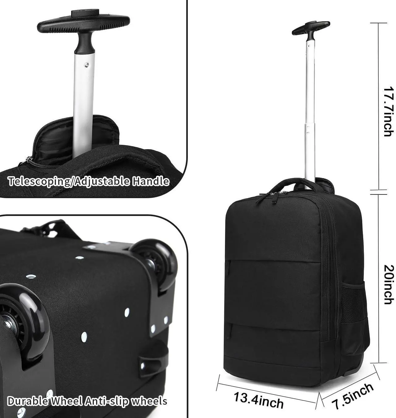 Alt view image 3 of 5 - Rolling Backpack,Travel Backpack with Wheels Roller Backpack Wheeled Laptop Backpack Business Backpack Carry on Backpack Flight Approved Fits 17 inch Laptop Backpack with Wheels for Women Men-Black