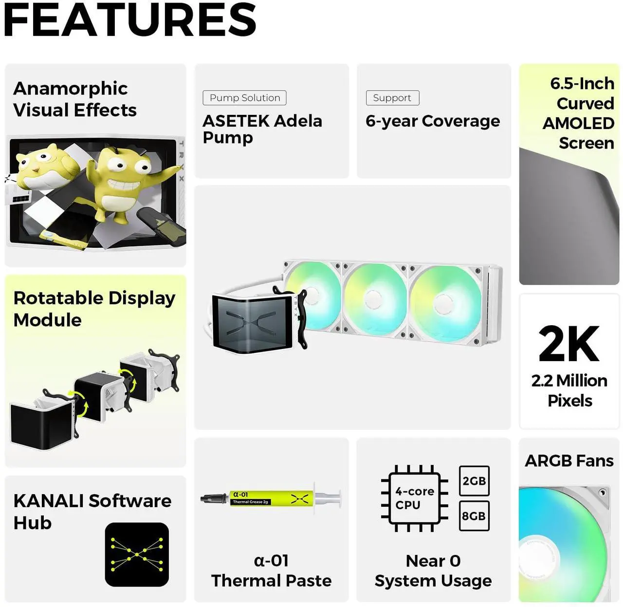 Alt view image 2 of 5 - TRYX Panorama SE 360 ARGB White 360mm AIO Rotatable 6.5'' AMOLED Curved Screen 3D Anamorphic Effect Customizable AIO Cooler 360mm White Asetek Adela 280w TDP Intel LGA 1851/1700/1200/115X AMD AM5/AM4