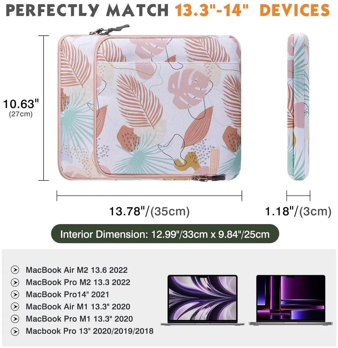 Alt view image 2 of 5 - MoKo Laptop Sleeve Bag for 13.3-14 Inch, Notebook Carrying Case with Pocket Fits New MacBook Pro M3/M2 14" /13" M2/M1 Pro/M1 Max 14.2 2023-2021/Air 13.6" M2 2022, Surface Pro 9/8 13", Tropical Leaf