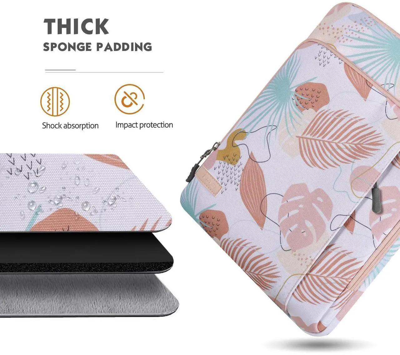 Alt view image 4 of 5 - MoKo Laptop Sleeve Bag for 13.3-14 Inch, Notebook Carrying Case with Pocket Fits New MacBook Pro M3/M2 14" /13" M2/M1 Pro/M1 Max 14.2 2023-2021/Air 13.6" M2 2022, Surface Pro 9/8 13", Tropical Leaf