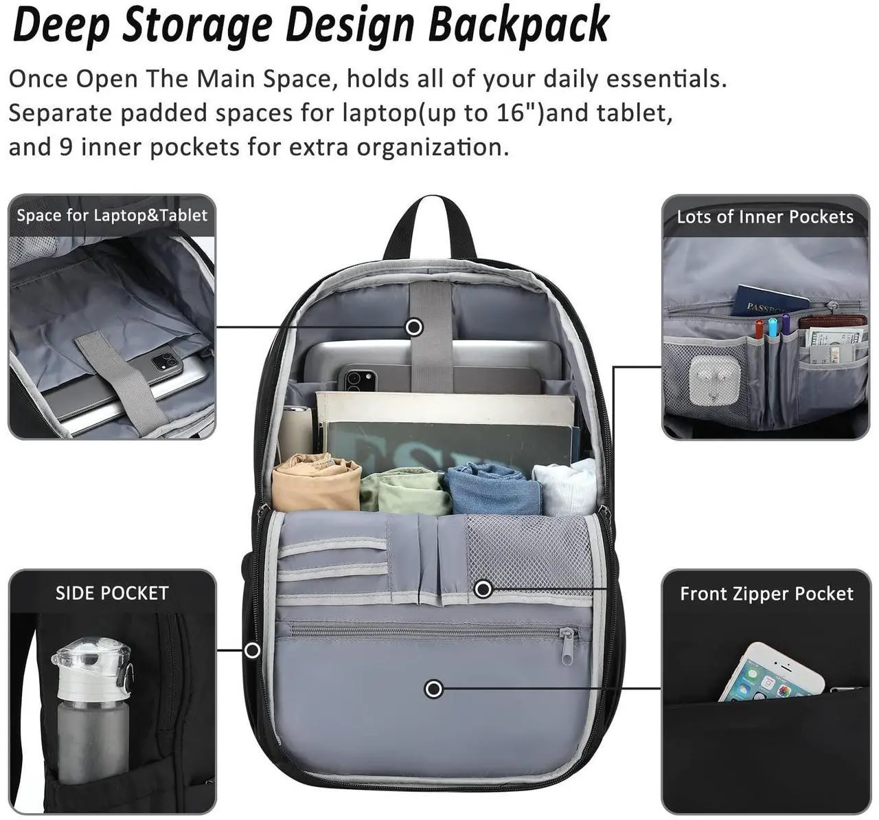 Alt view image 2 of 5 - MAXTOP Deep Storage Laptop Backpack with USB Charging Port[Water Resistant] College Computer Bookbag Fits 16 Inch Laptop