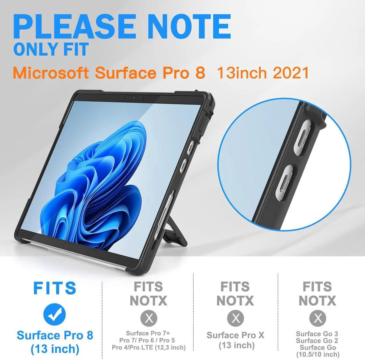 Alt view image 2 of 5 - BRAECNstock for Microsoft Surface Pro 8 Case 13 inch 2021 Shockproof Rugged Case for Surface Pro 8 with Rotating Hand Strap & Kickstand Built in Pen Holder Compatible with Type Cover Keyboard - Black