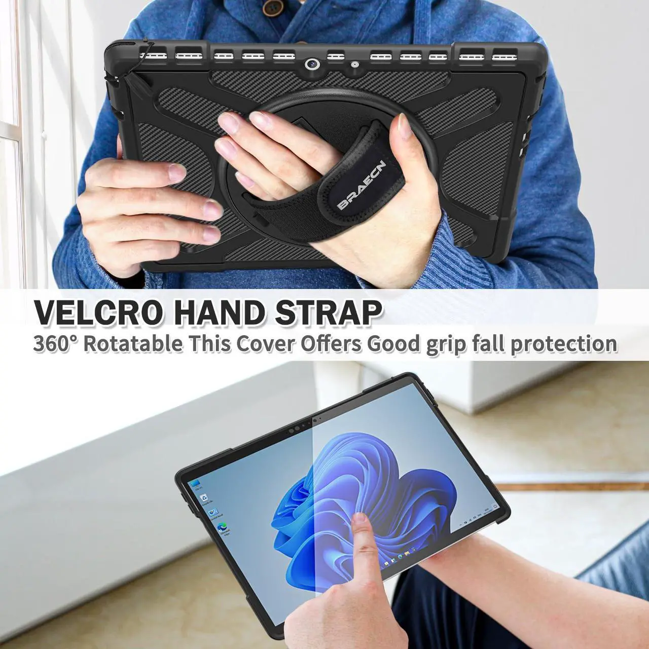 Alt view image 3 of 5 - BRAECNstock for Microsoft Surface Pro 8 Case 13 inch 2021 Shockproof Rugged Case for Surface Pro 8 with Rotating Hand Strap & Kickstand Built in Pen Holder Compatible with Type Cover Keyboard - Black