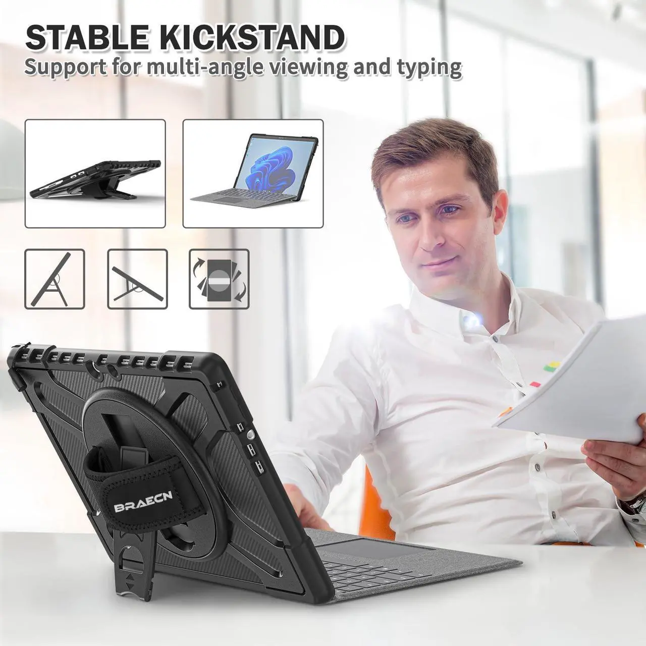 Alt view image 4 of 5 - BRAECNstock for Microsoft Surface Pro 8 Case 13 inch 2021 Shockproof Rugged Case for Surface Pro 8 with Rotating Hand Strap & Kickstand Built in Pen Holder Compatible with Type Cover Keyboard - Black