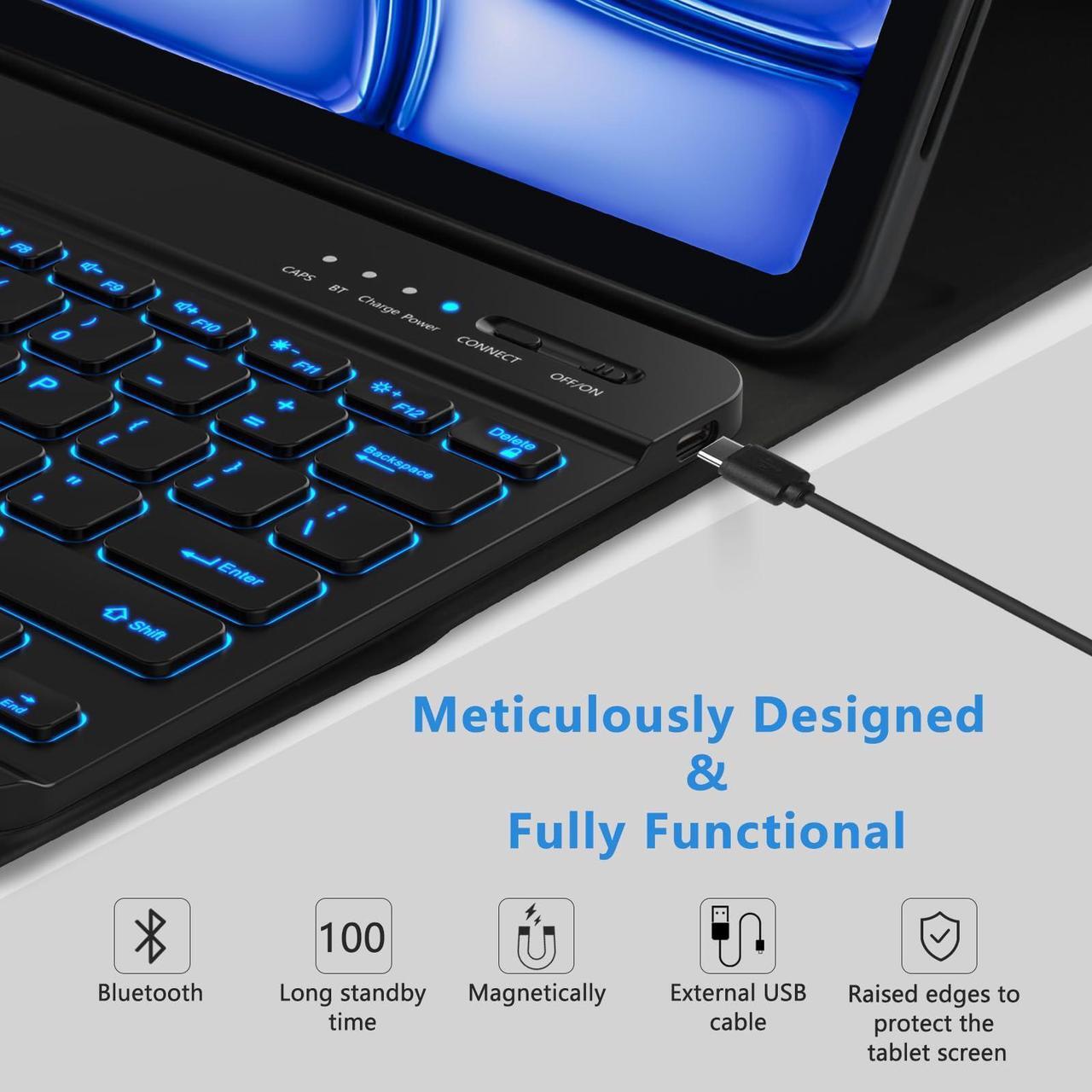 Alt view image 3 of 5 - BQSS iPad Pro 13" M4 Case with Detachable Backlit Keyboard and Pencil Holder - Black