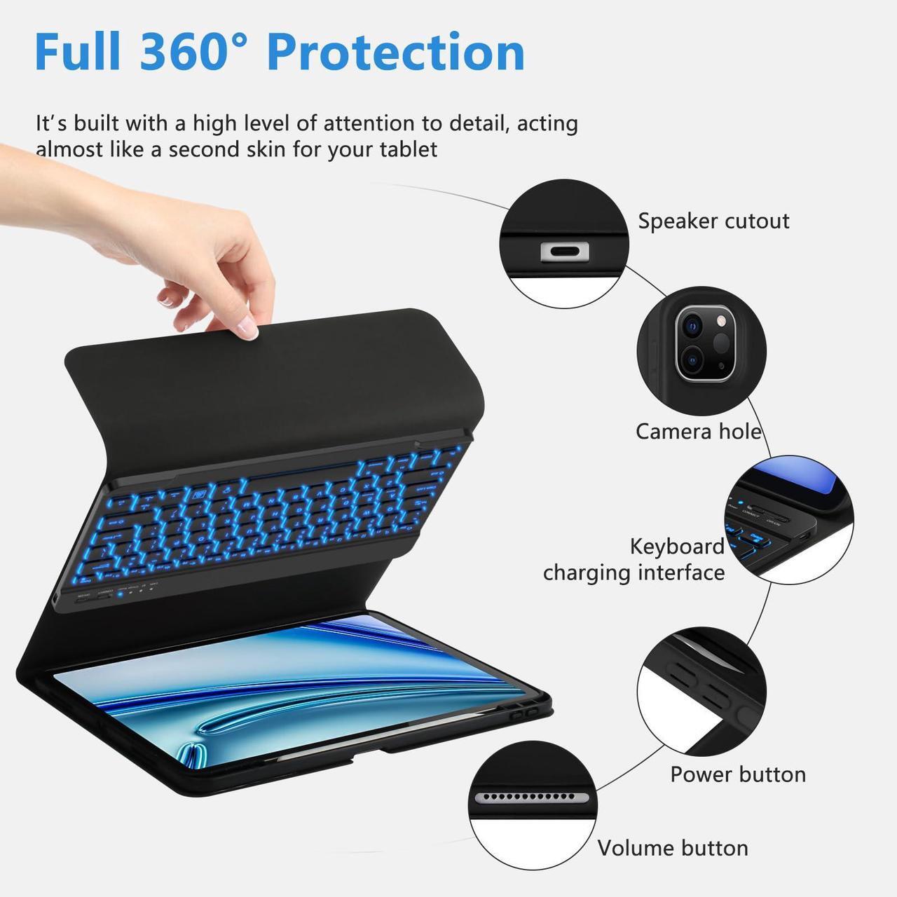 Alt view image 4 of 5 - BQSS iPad Pro 13" M4 Case with Detachable Backlit Keyboard and Pencil Holder - Black