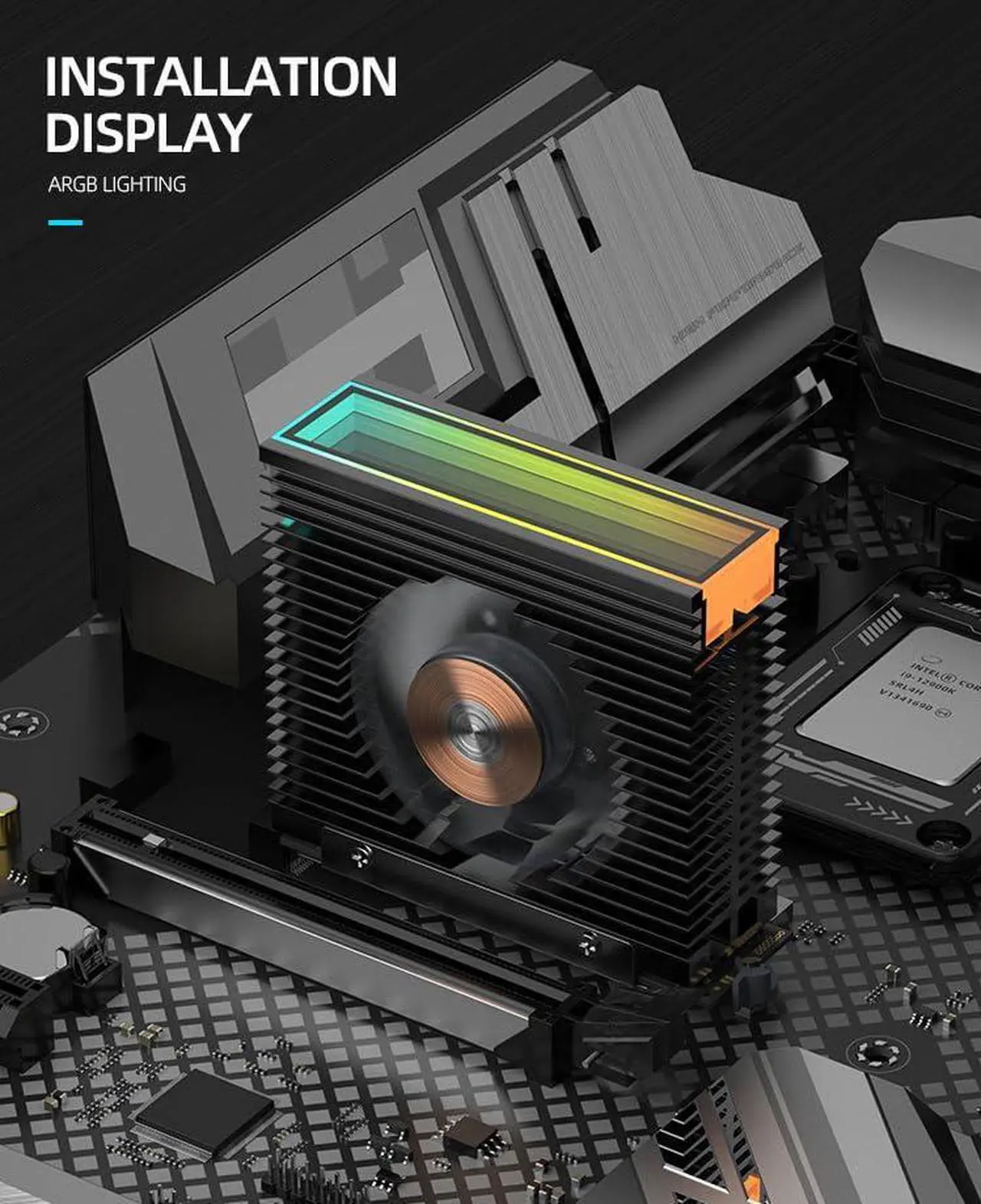 Alt view image 4 of 5 - M.2 2280 ARGB Hard Drive Heatsink PWM Dual Fan Solid State Drive Radiator M2 SSD Cooling 5V 3Pin Addressable RGB Sync SSD Cooler with Thermal Pad (Black)