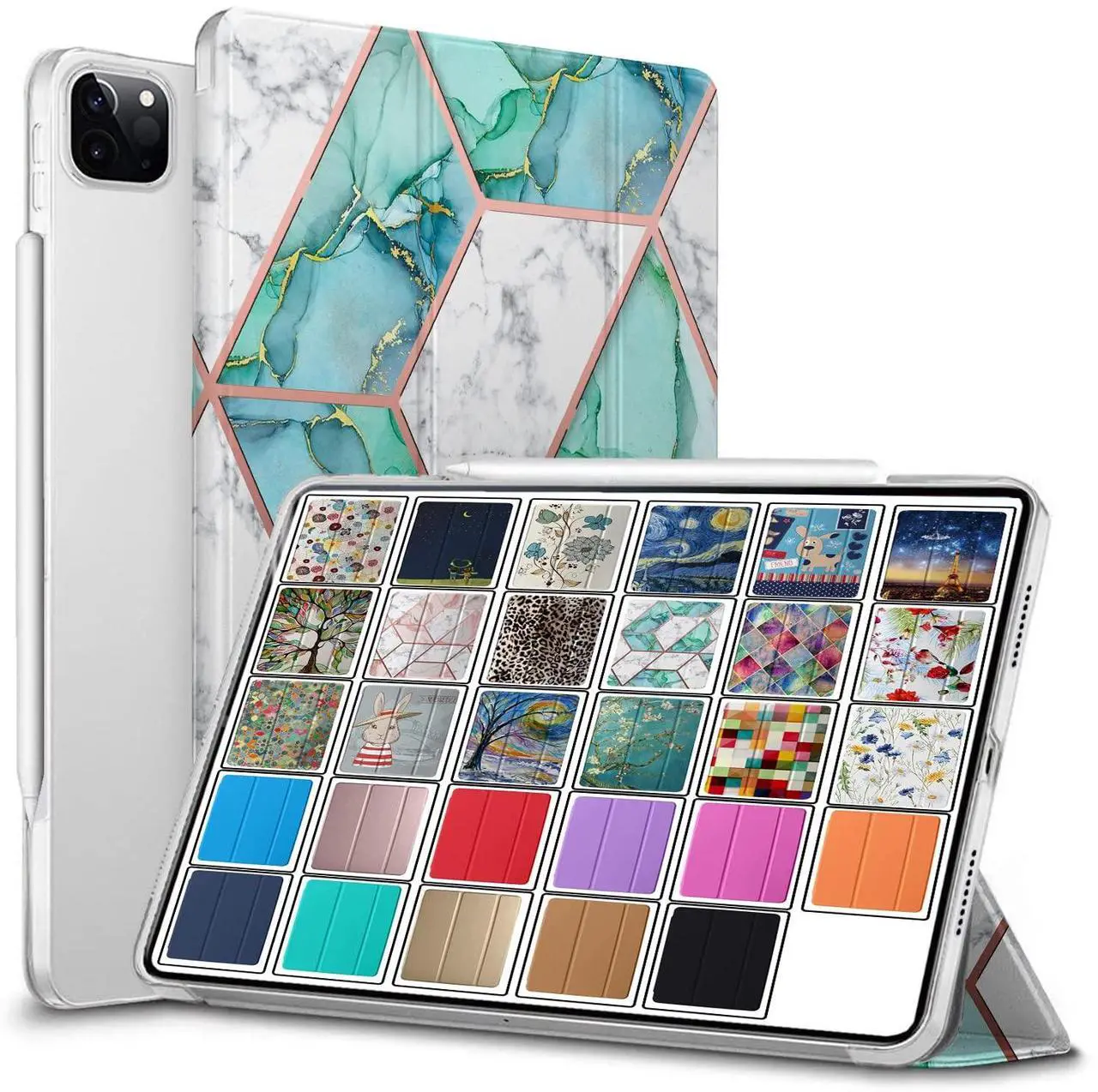 Main image of DuraSafe Cases for iPad PRO 12.9 Inch 2021 5th 2020 4th Gen [ Pro 12.9 5 4 ] A2378 A2461 A2379 MHNR3LL/A MHNT3LL/A MY3K2LL/A MY3J2LL/A Printed PC Dual Angle Stand Clear Flip Back Cover - Green Marble