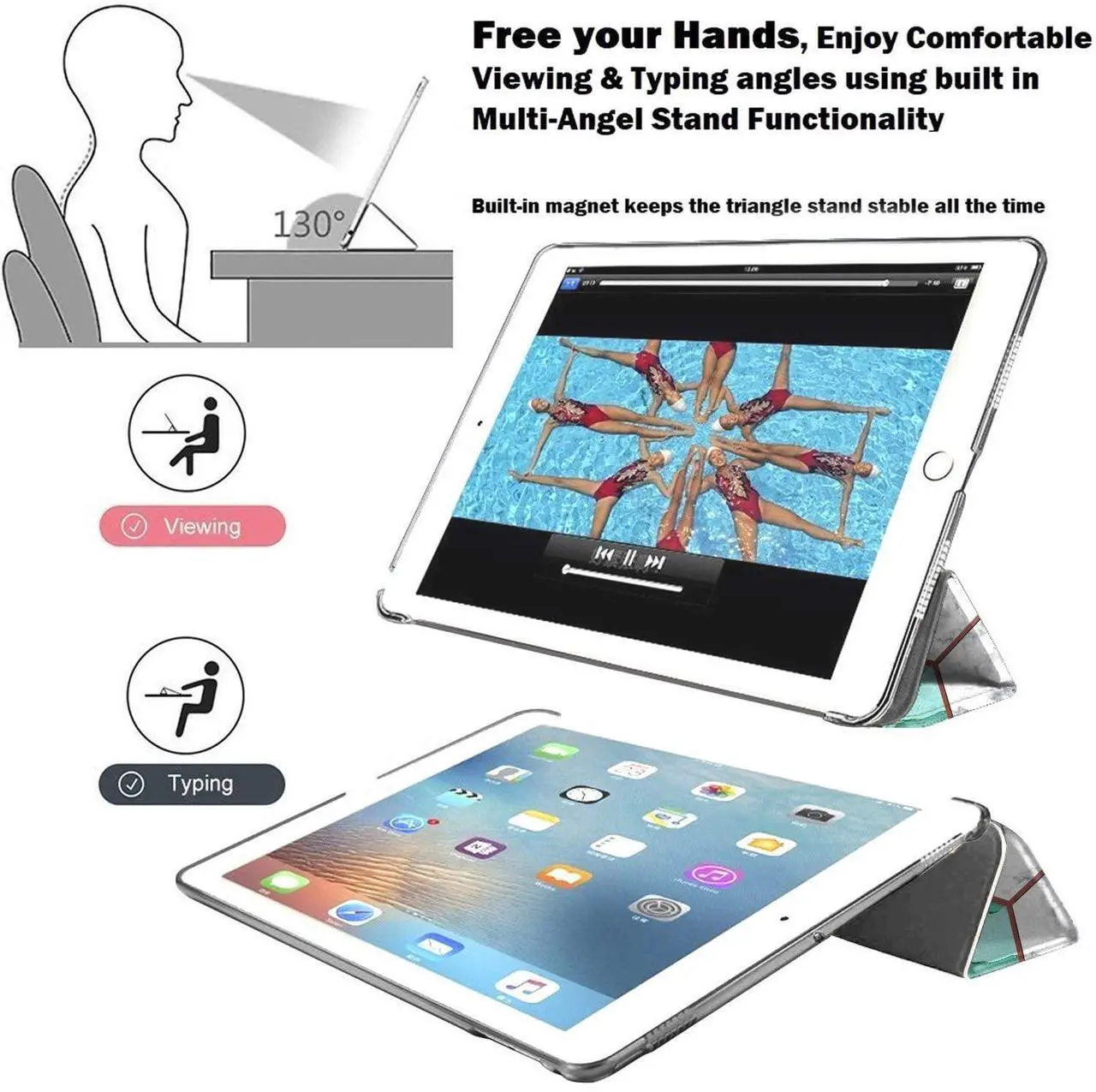 Alt view image 4 of 5 - DuraSafe Cases for iPad PRO 12.9 Inch 2021 5th 2020 4th Gen [ Pro 12.9 5 4 ] A2378 A2461 A2379 MHNR3LL/A MHNT3LL/A MY3K2LL/A MY3J2LL/A Printed PC Dual Angle Stand Clear Flip Back Cover - Green Marble
