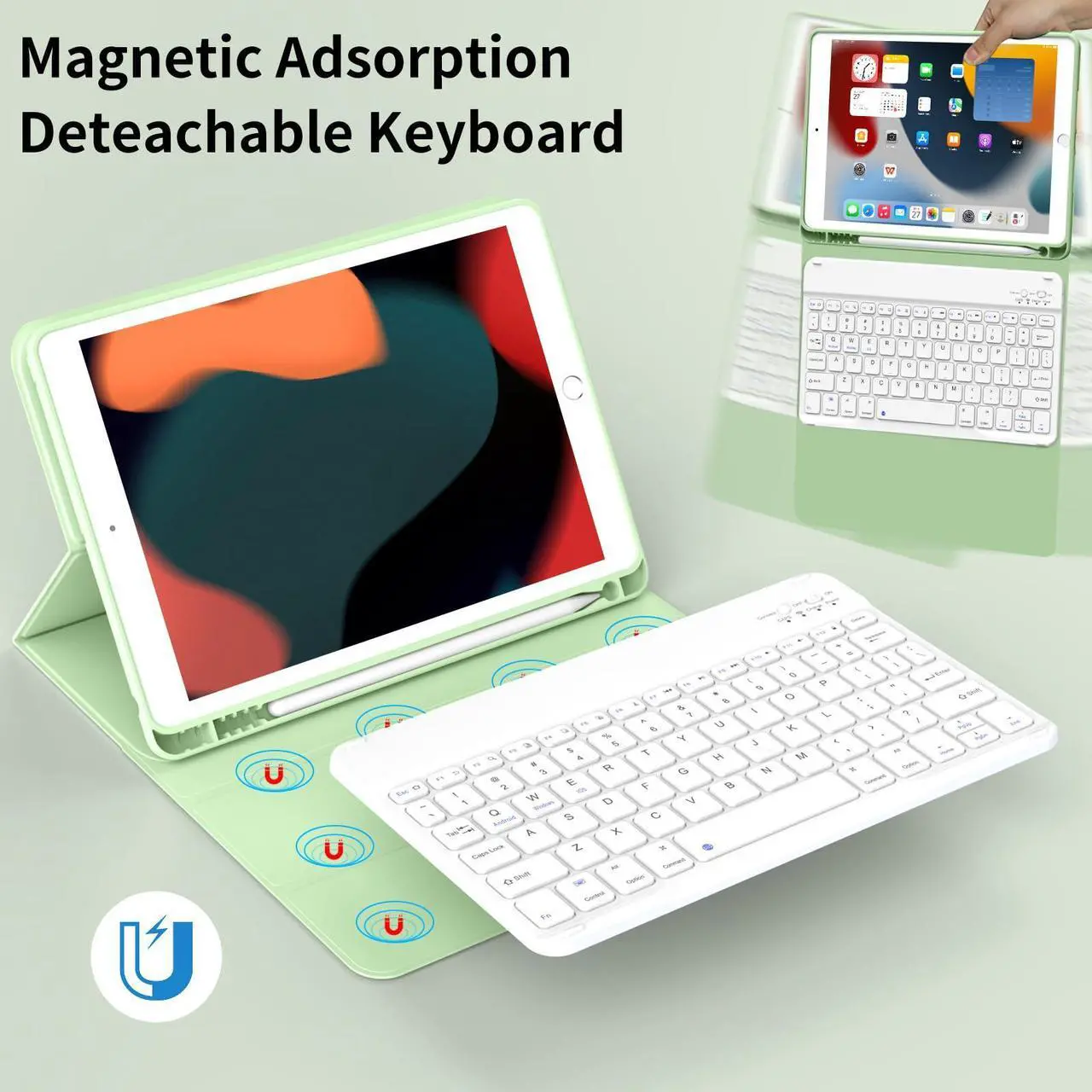 Alt view image 2 of 5 - KVTVOU Keyboard for iPad 9th/8th/7th Generation (2021/2020/2019), Folio Detachable Wireless Bluetooth Keyboard, Flip Stand Case with Pencil Holder & Auto Wake/Sleep for iPad 10.2 Inch, Light Green