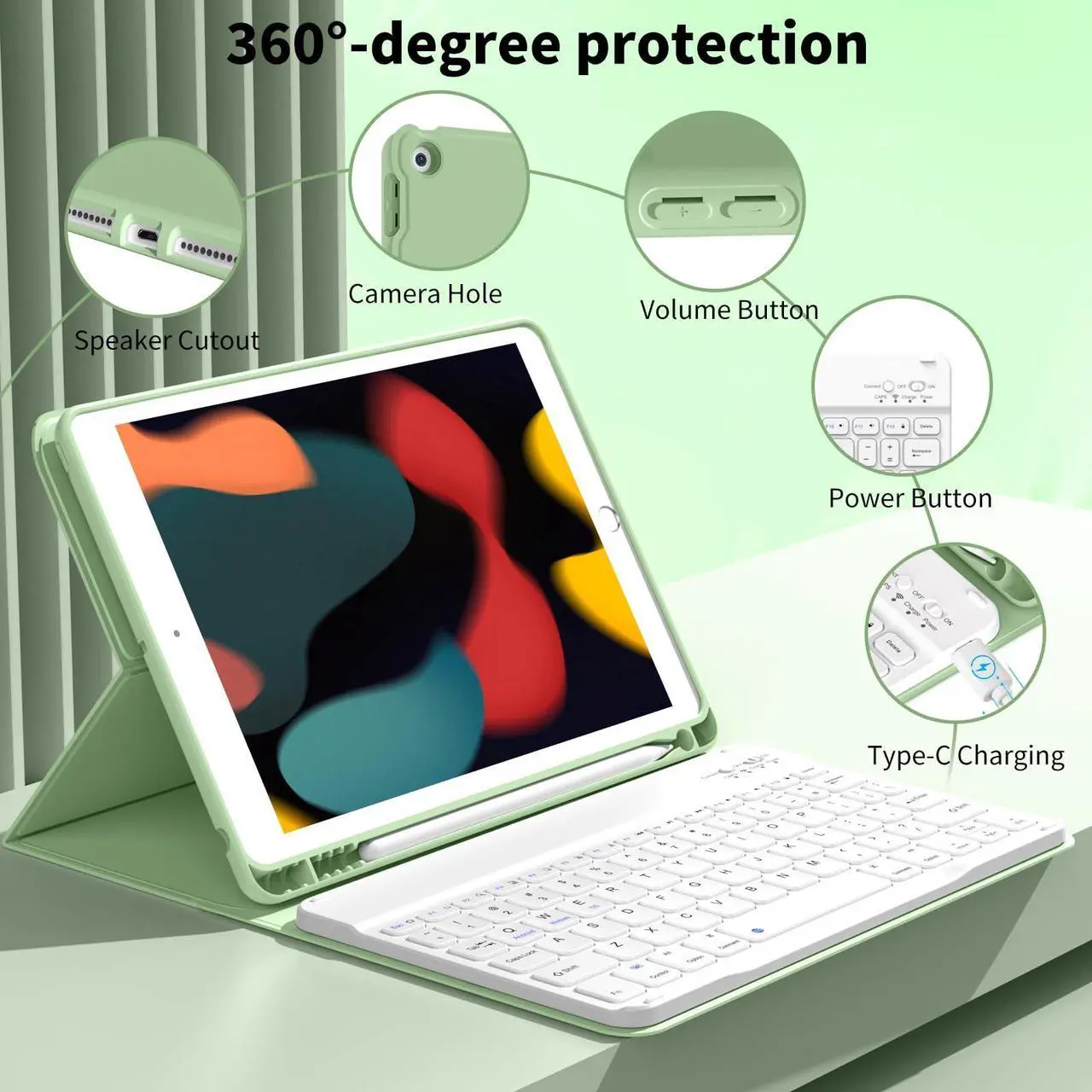Alt view image 3 of 5 - KVTVOU Keyboard for iPad 9th/8th/7th Generation (2021/2020/2019), Folio Detachable Wireless Bluetooth Keyboard, Flip Stand Case with Pencil Holder & Auto Wake/Sleep for iPad 10.2 Inch, Light Green