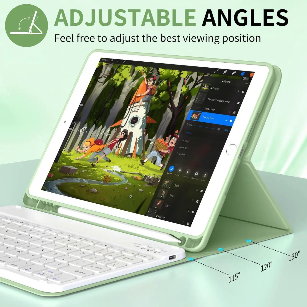 Alt view image 5 of 5 - KVTVOU Keyboard for iPad 9th/8th/7th Generation (2021/2020/2019), Folio Detachable Wireless Bluetooth Keyboard, Flip Stand Case with Pencil Holder & Auto Wake/Sleep for iPad 10.2 Inch, Light Green