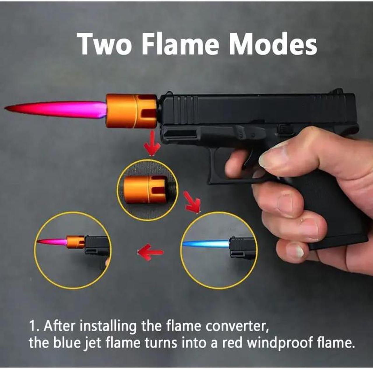 Alt view image 2 of 7 - Unique Multi-function Windproof Torch Gun Lighters With 2 Flame Modes - Refillable, Adjustable Jet Flame Unique Butane Flame Gun Lighter For Outdoor Gift Box Included Butane Gas Not Included