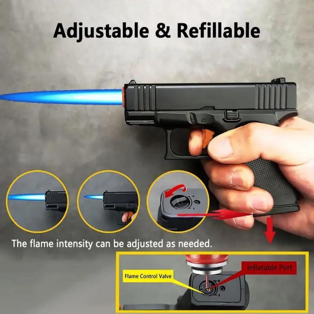 Alt view image 6 of 7 - Unique Multi-function Windproof Torch Gun Lighters With 2 Flame Modes - Refillable, Adjustable Jet Flame Unique Butane Flame Gun Lighter For Outdoor Gift Box Included Butane Gas Not Included