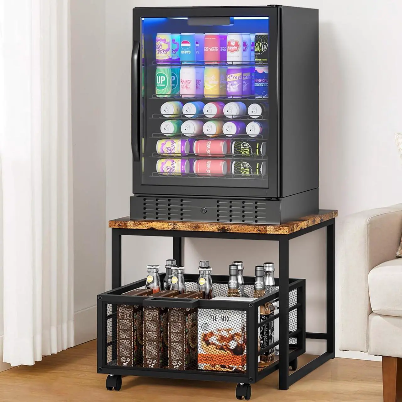 Main image of Compact Mini Fridge Stand with Storage Drawer Rolling Basket Beverage Organizer Dorm Office Home Bar Shelving Solution