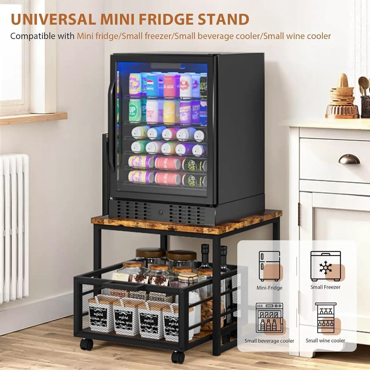 Alt view image 4 of 7 - Compact Mini Fridge Stand with Storage Drawer Rolling Basket Beverage Organizer Dorm Office Home Bar Shelving Solution