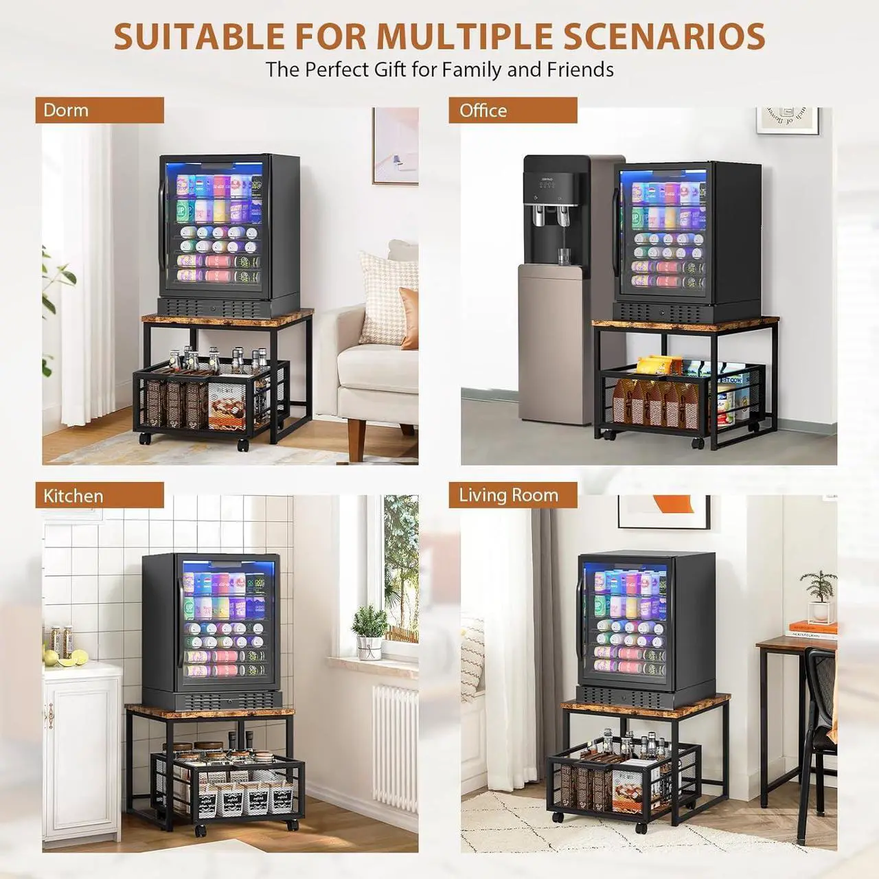 Alt view image 3 of 7 - Compact Mini Fridge Stand with Storage Drawer Rolling Basket Beverage Organizer Dorm Office Home Bar Shelving Solution
