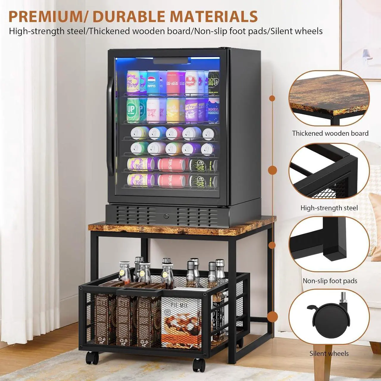 Alt view image 6 of 7 - Compact Mini Fridge Stand with Storage Drawer Rolling Basket Beverage Organizer Dorm Office Home Bar Shelving Solution