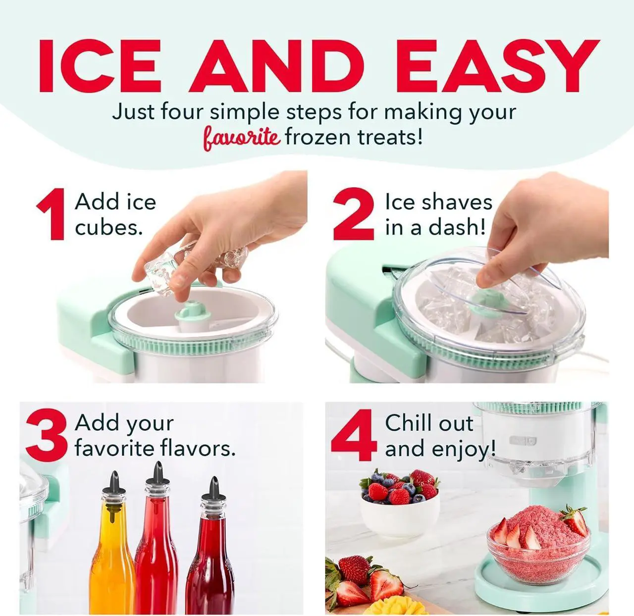 Alt view image 2 of 5 - DASH Shaved Ice Maker and Slushie Machine (Aqua): Multi-Purpose Ice Shaver Machine for Homemade Shaved Ice, Snow Cones, Slushies, Cocktails & More with Stainless Steel Blades, Easy to Clean and Store