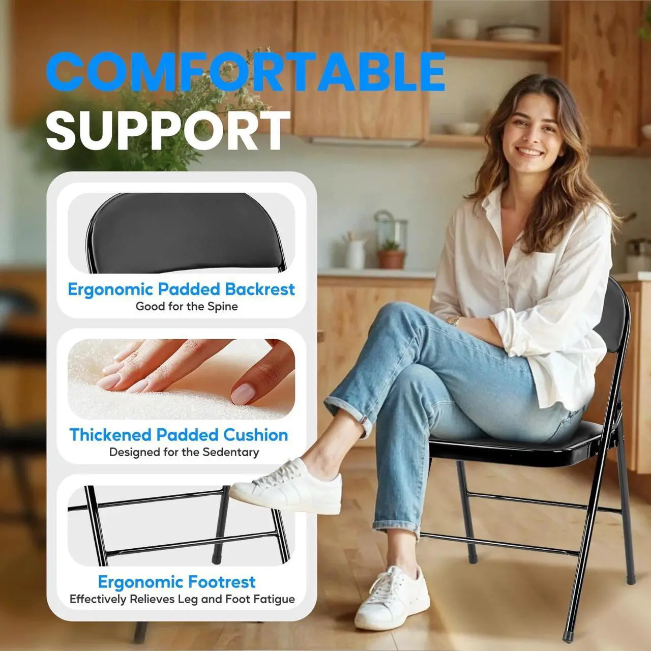 Alt view image 3 of 5 - 2 Pack Folding Chairs with Leather Padded & Durable Metal Frame, Foldable, Black