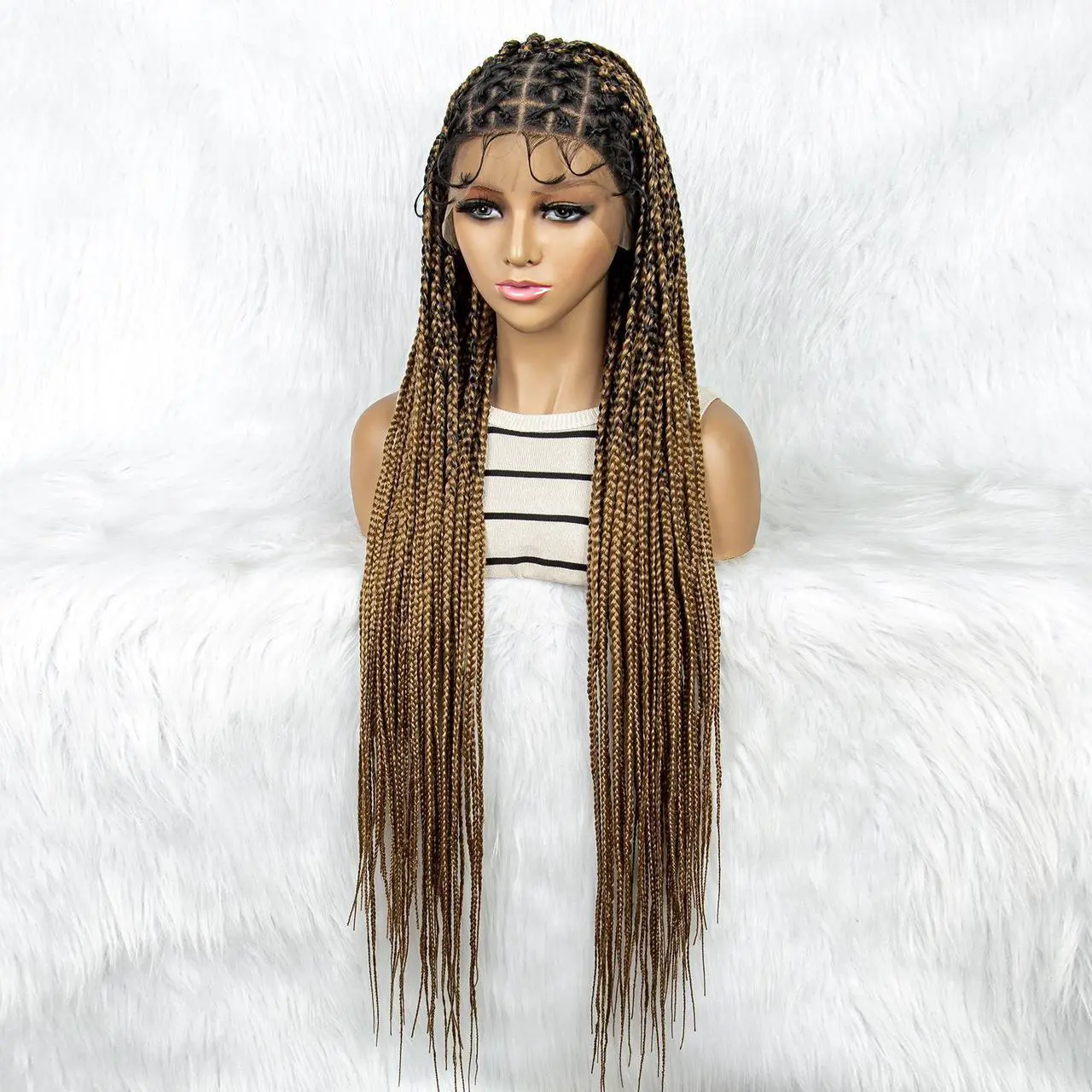 Alt view image 5 of 7 - 36 Full Lace Box Braid Lace Front Wig Super Long Criss Cross Knotless Braids Wig Ombre Synthetic Braided Wigs for  Women Gradient light brown