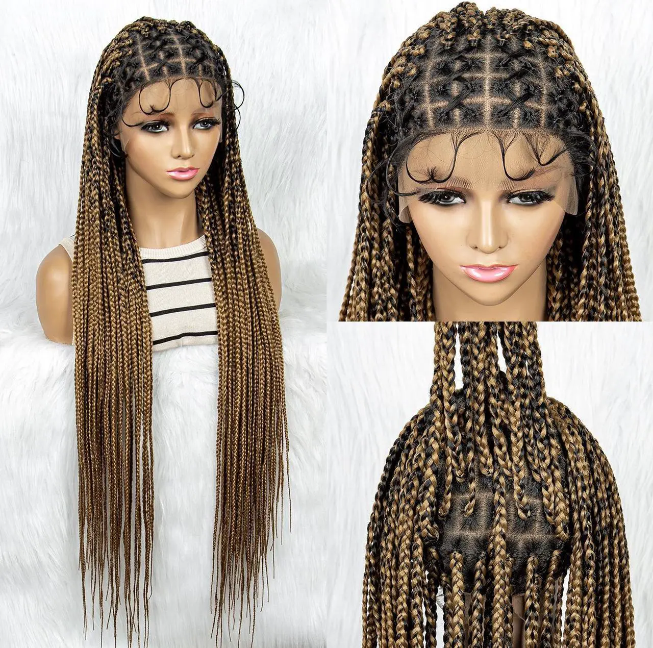 Main image of 36 Full Lace Box Braid Lace Front Wig Super Long Criss Cross Knotless Braids Wig Ombre Synthetic Braided Wigs for  Women Gradient light brown