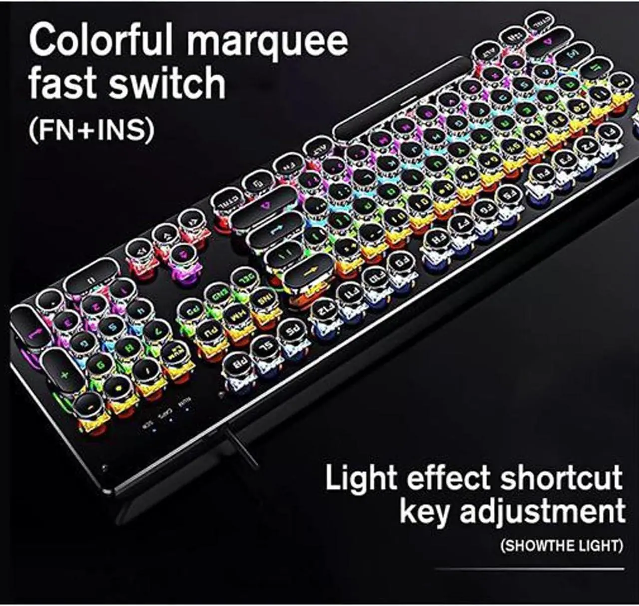 Alt view image 3 of 7 - GPERHUAN Typewriter Mechanical Keyboard, Rainbow LED Backlit, Vintage Retro Style, Blue Switches, 104 Keys for PC, Mac, Black