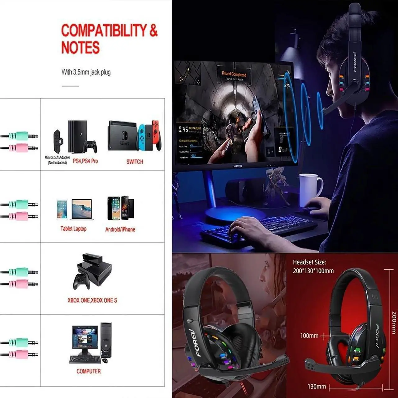 Alt view image 4 of 7 - Wired Gaming Keyboard and Mouse Headset Combo,Rainbow LED Backlit Wired Keyboard,Over Ear Headphone with Mic,Rainbow Backlit Gaming Mice,Mouse Pad,for PC,Laptop,Mac,PS4,Xbox(Black)