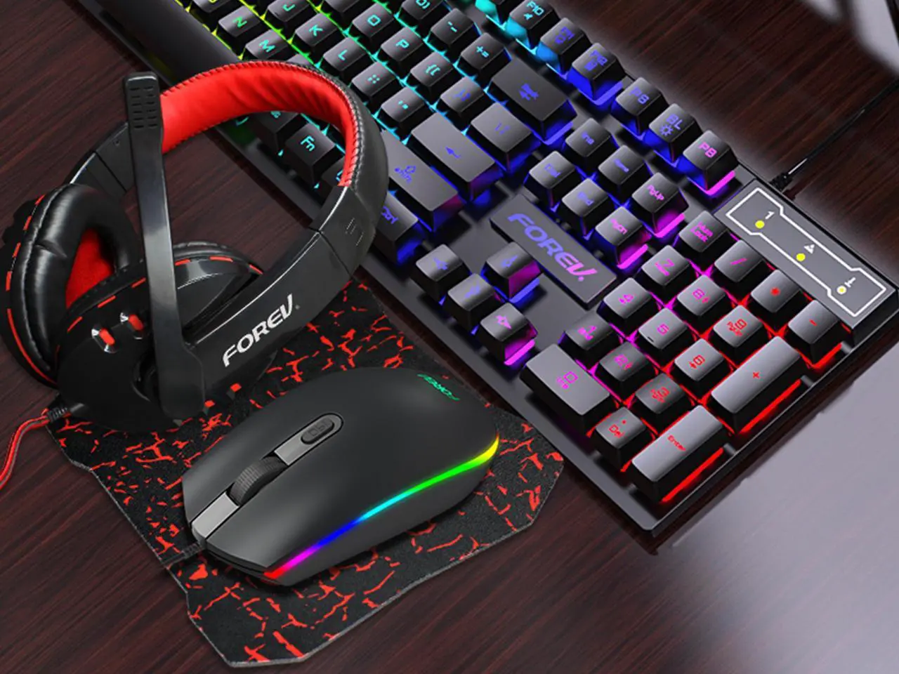 Alt view image 5 of 7 - Wired Gaming Keyboard and Mouse Headset Combo,Rainbow LED Backlit Wired Keyboard,Over Ear Headphone with Mic,Rainbow Backlit Gaming Mice,Mouse Pad,for PC,Laptop,Mac,PS4,Xbox(Black)