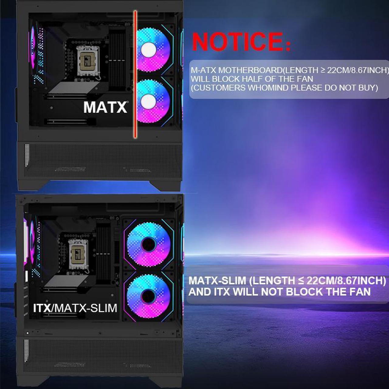 Alt view image 3 of 7 - MATX-SLIM/ITX Gaming PC Cases with 3x120MM ARGB fans Preinstalled,itx case, 270° Full View Tempered Glass Mid Tower,Mid-Tower USB 3.0 with Double Tempered Glass Full View Computer Cases