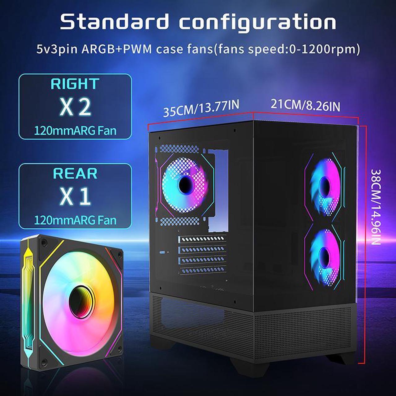 Alt view image 4 of 7 - MATX-SLIM/ITX Gaming PC Cases with 3x120MM ARGB fans Preinstalled,itx case, 270° Full View Tempered Glass Mid Tower,Mid-Tower USB 3.0 with Double Tempered Glass Full View Computer Cases