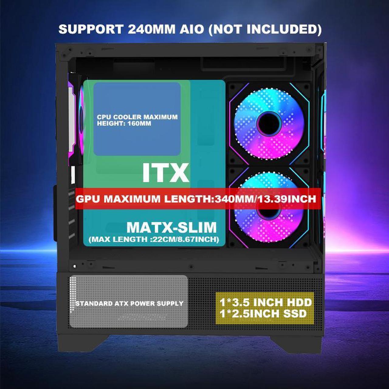 Alt view image 5 of 7 - MATX-SLIM/ITX Gaming PC Cases with 3x120MM ARGB fans Preinstalled,itx case, 270° Full View Tempered Glass Mid Tower,Mid-Tower USB 3.0 with Double Tempered Glass Full View Computer Cases