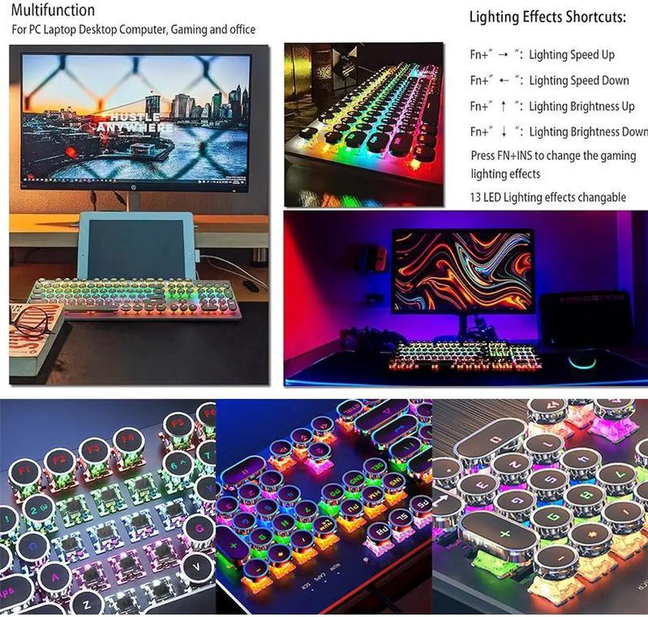 Alt view image 6 of 7 - GPERHUAN Typewriter Mechanical Keyboard, Rainbow LED Backlit, Vintage Retro Style, Blue Switches, 104 Keys for PC, Mac, Black