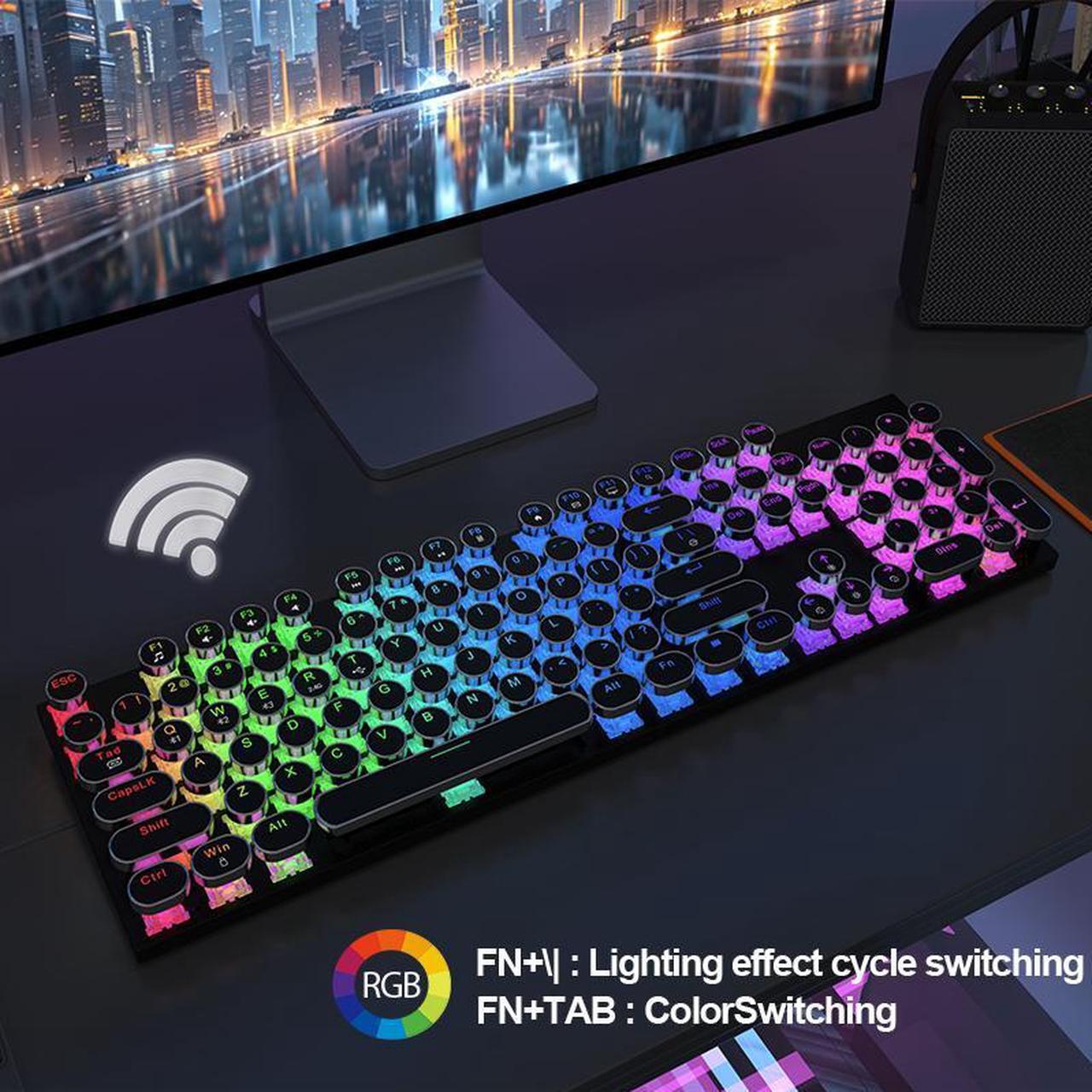 Alt view image 6 of 7 - Wireless Punk Typewriter Mechanical BLACK Keyboard Round Keycaps And  Backlit 104-Key Keyboards Game Office Triple Mode Wireless 5.0/2.4G/Wired Ergonomic Keyboard For Win/Mac,RGB