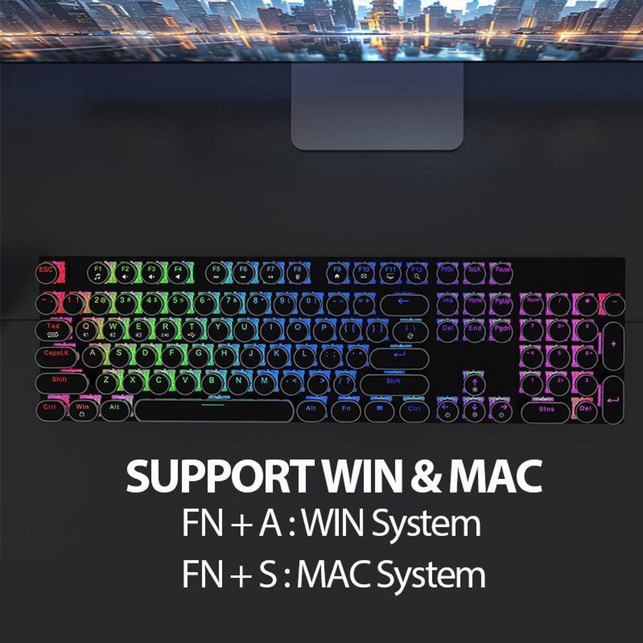 Alt view image 5 of 7 - Wireless Punk Typewriter Mechanical BLACK Keyboard Round Keycaps And  Backlit 104-Key Keyboards Game Office Triple Mode Wireless 5.0/2.4G/Wired Ergonomic Keyboard For Win/Mac,RGB