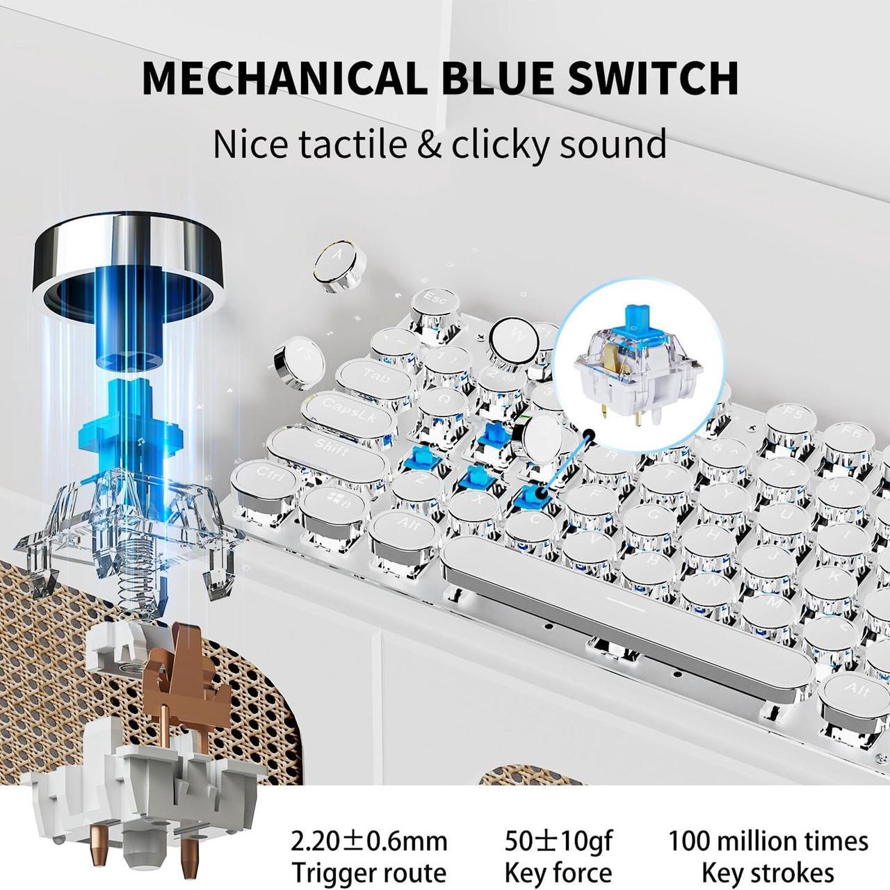 Alt view image 7 of 7 - Wireless Punk Typewriter Mechanical BLACK Keyboard Round Keycaps And  Backlit 104-Key Keyboards Game Office Triple Mode Wireless 5.0/2.4G/Wired Ergonomic Keyboard For Win/Mac,RGB