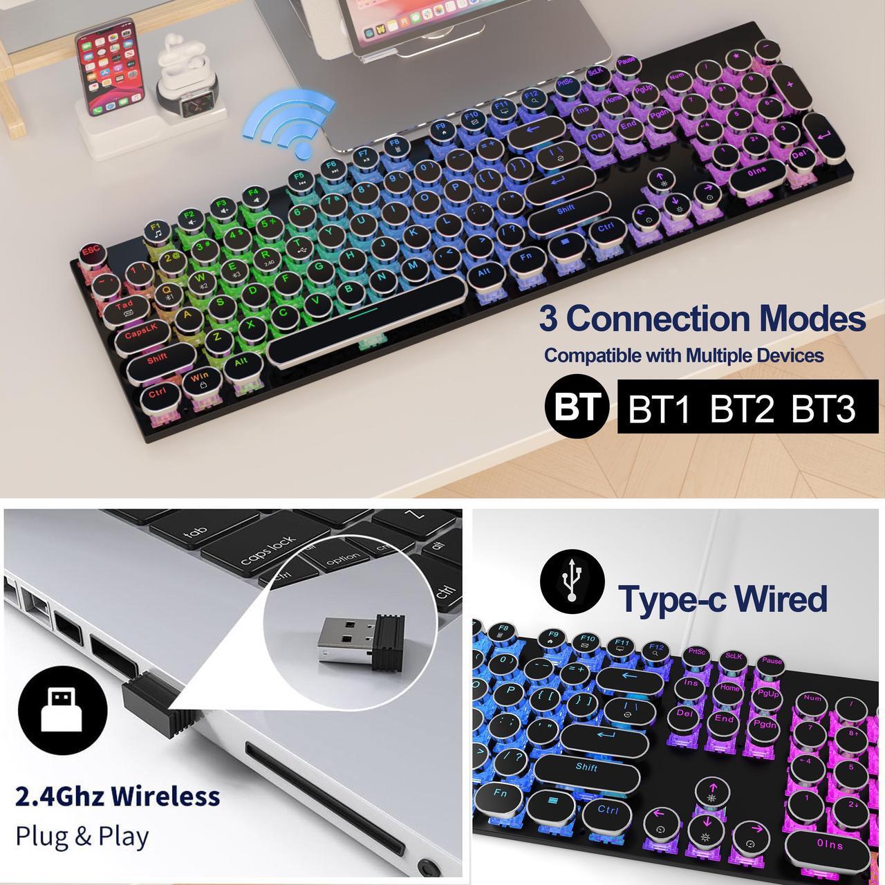 Alt view image 2 of 7 - Wireless Punk Typewriter Mechanical BLACK Keyboard Round Keycaps And  Backlit 104-Key Keyboards Game Office Triple Mode Wireless 5.0/2.4G/Wired Ergonomic Keyboard For Win/Mac,RGB