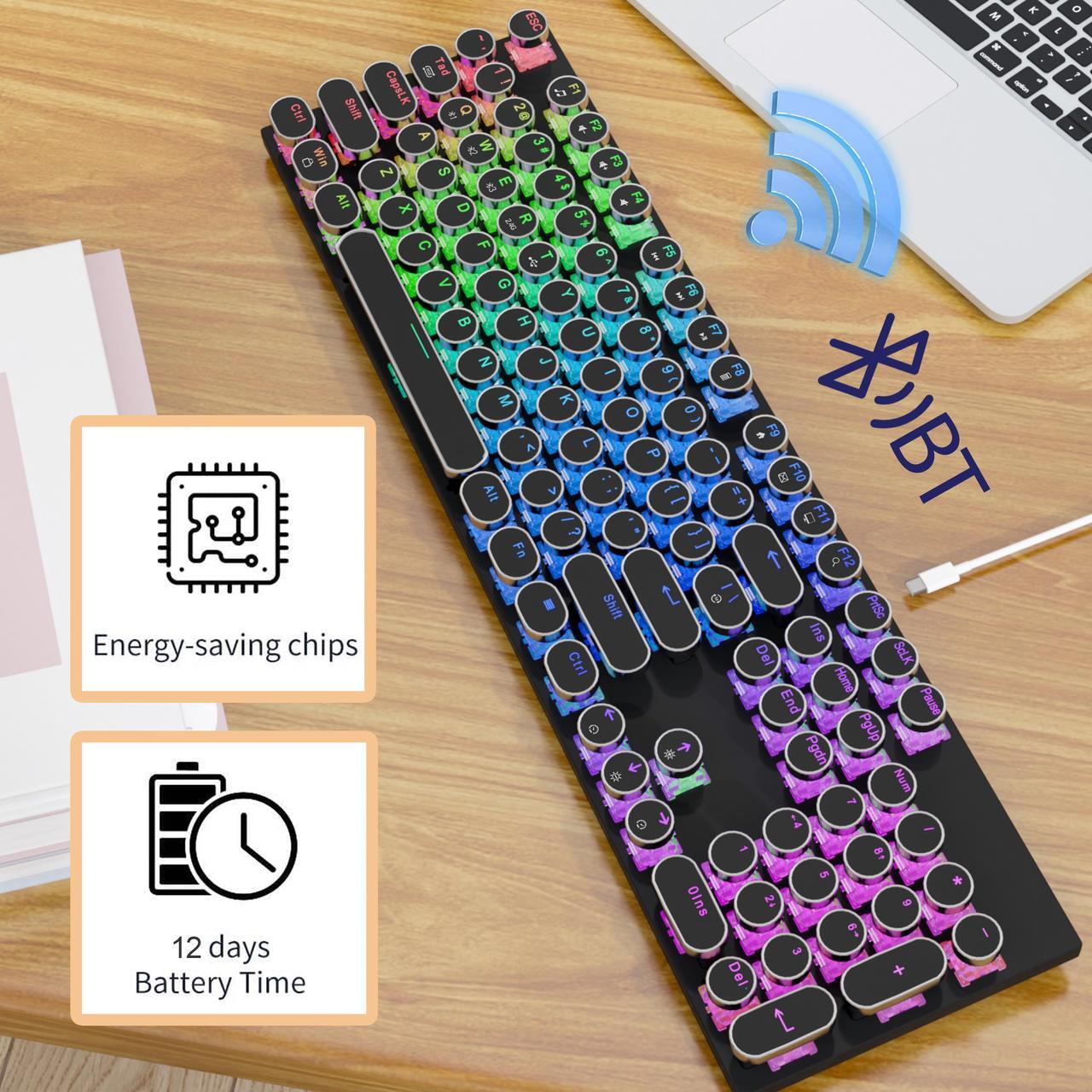 Alt view image 4 of 7 - Wireless Punk Typewriter Mechanical BLACK Keyboard Round Keycaps And  Backlit 104-Key Keyboards Game Office Triple Mode Wireless 5.0/2.4G/Wired Ergonomic Keyboard For Win/Mac,RGB