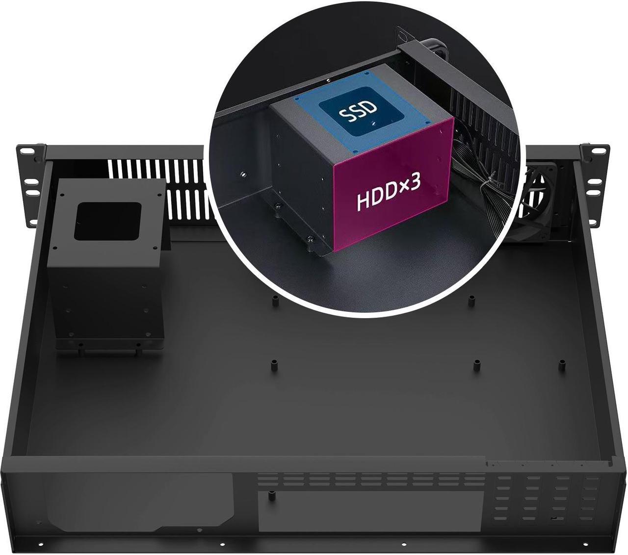 Alt view image 3 of 7 - 2U Micro ATX Compact Rackmount 3 x 3.5-inch HDD and 1 x 2.5-inch SSD Chassis Support ATX PS2 PSU, USB2.0 x 2