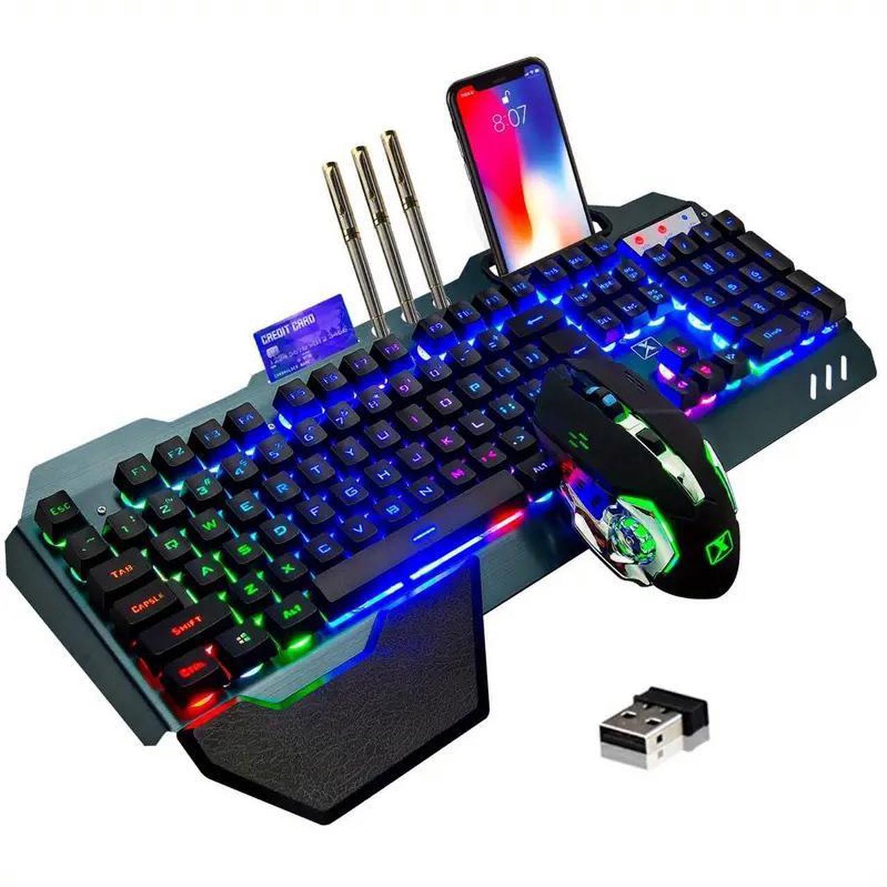 Main image of Wireless gaming Keyboard and Mouse,Rainbow Backlit Rechargeable Keyboard Mouse with 3800mAh Battery Metal Panel,Removable Hand Rest Mechanical Feel Keyboard and 7 Color Gaming Mute Mouse for PC Gamers