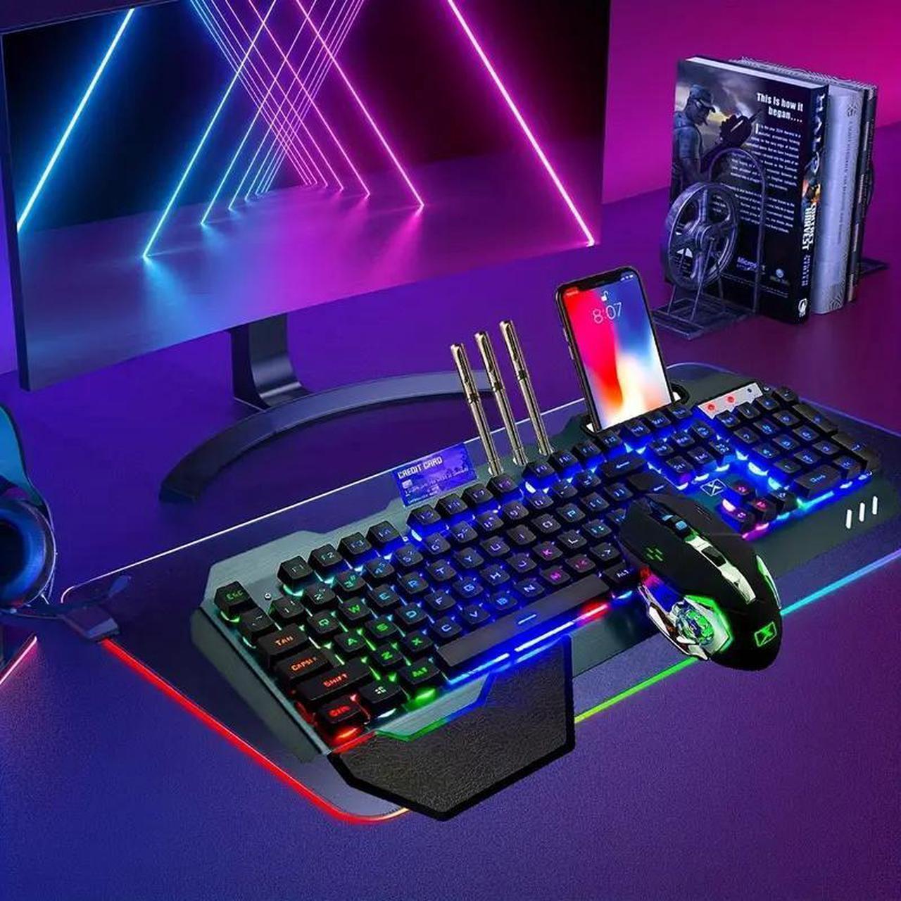 Alt view image 2 of 7 - Wireless gaming Keyboard and Mouse,Rainbow Backlit Rechargeable Keyboard Mouse with 3800mAh Battery Metal Panel,Removable Hand Rest Mechanical Feel Keyboard and 7 Color Gaming Mute Mouse for PC Gamers