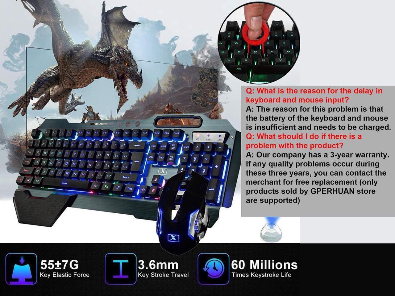 Alt view image 3 of 7 - Wireless gaming Keyboard and Mouse,Rainbow Backlit Rechargeable Keyboard Mouse with 3800mAh Battery Metal Panel,Removable Hand Rest Mechanical Feel Keyboard and 7 Color Gaming Mute Mouse for PC Gamers