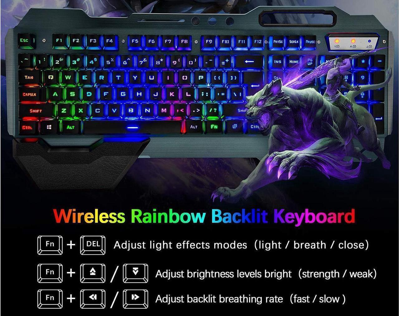 Alt view image 4 of 7 - Wireless gaming Keyboard and Mouse,Rainbow Backlit Rechargeable Keyboard Mouse with 3800mAh Battery Metal Panel,Removable Hand Rest Mechanical Feel Keyboard and 7 Color Gaming Mute Mouse for PC Gamers