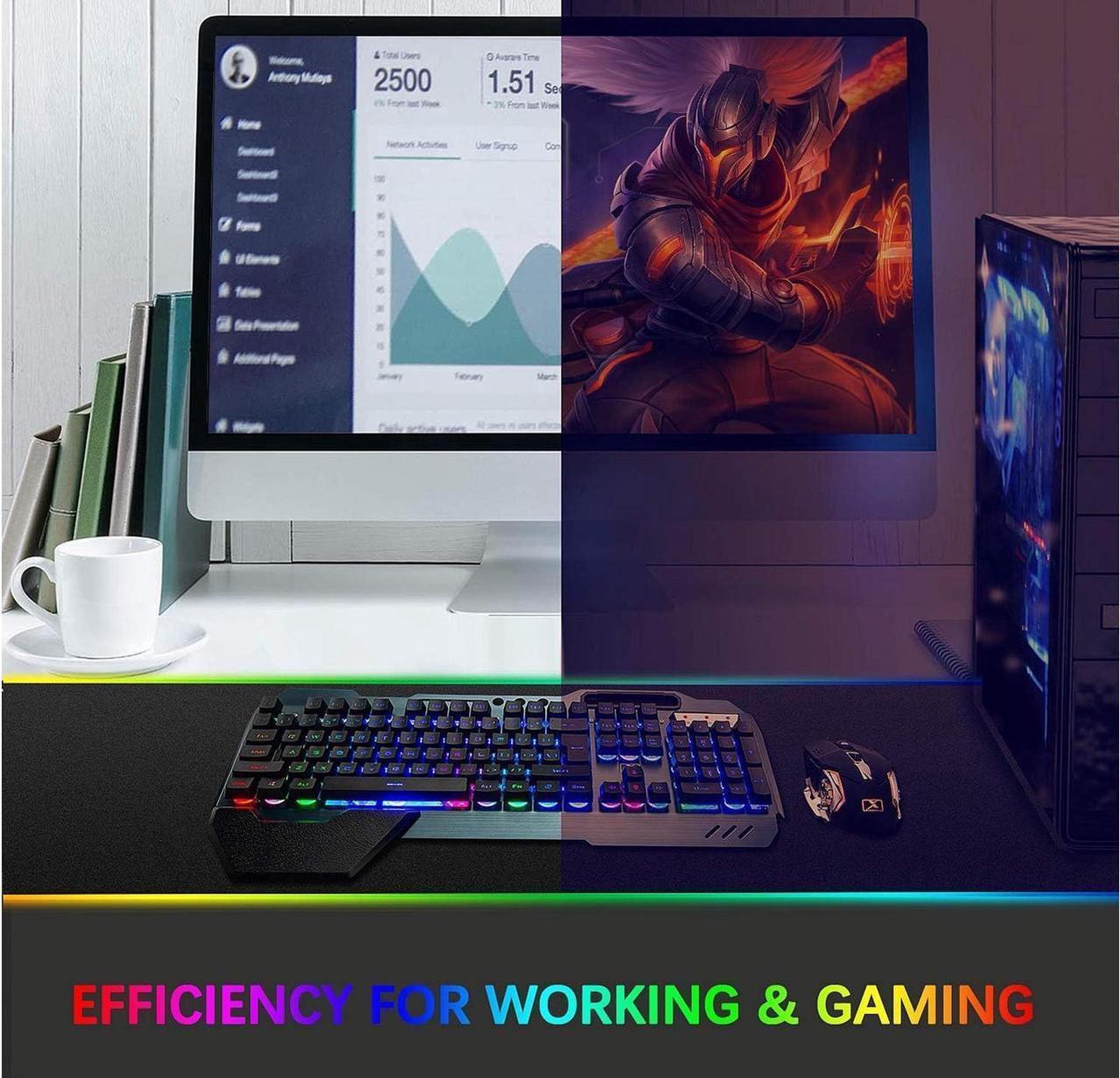 Alt view image 7 of 7 - Wireless gaming Keyboard and Mouse,Rainbow Backlit Rechargeable Keyboard Mouse with 3800mAh Battery Metal Panel,Removable Hand Rest Mechanical Feel Keyboard and 7 Color Gaming Mute Mouse for PC Gamers