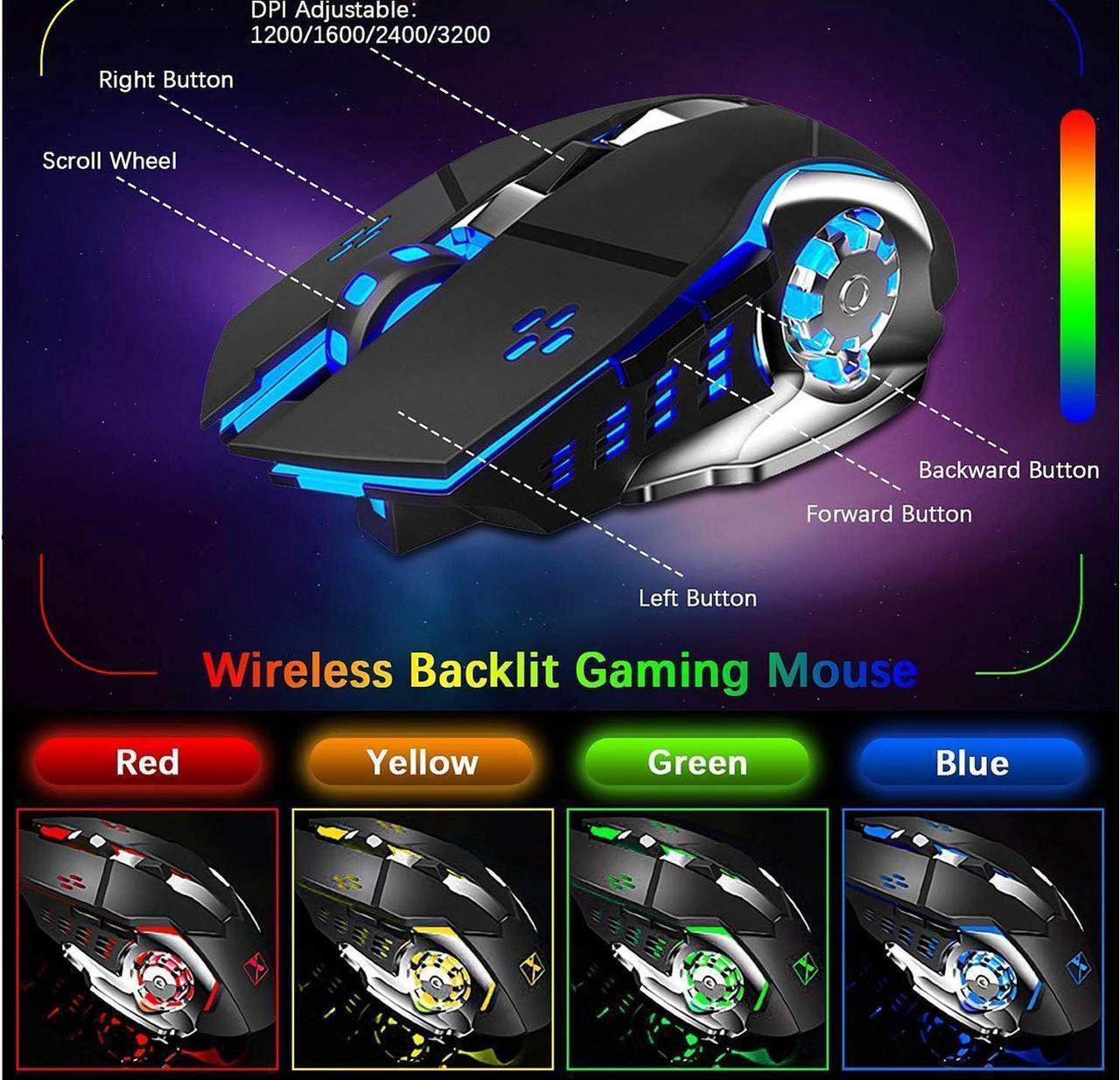 Alt view image 6 of 7 - Wireless gaming Keyboard and Mouse,Rainbow Backlit Rechargeable Keyboard Mouse with 3800mAh Battery Metal Panel,Removable Hand Rest Mechanical Feel Keyboard and 7 Color Gaming Mute Mouse for PC Gamers
