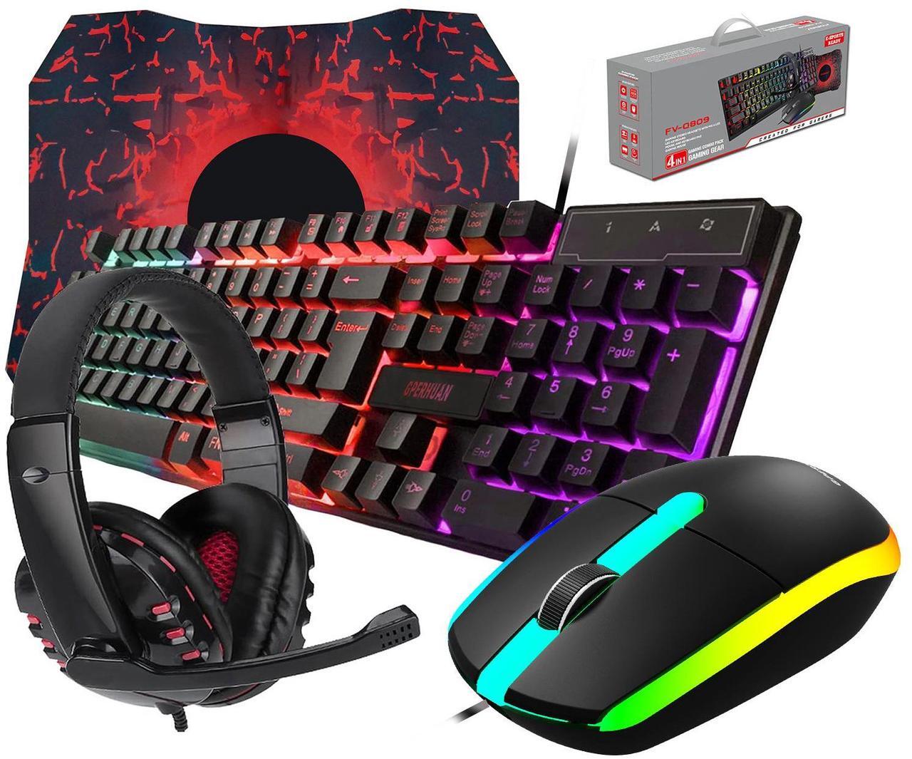 Main image of Wired Gaming Keyboard and Mouse Headset Combo,Rainbow LED Backlit Wired Keyboard,Over Ear Headphone with Mic,Rainbow Backlit Gaming Mice,Mouse Pad,for PC,Laptop,Mac,PS4,Xbox(Black)