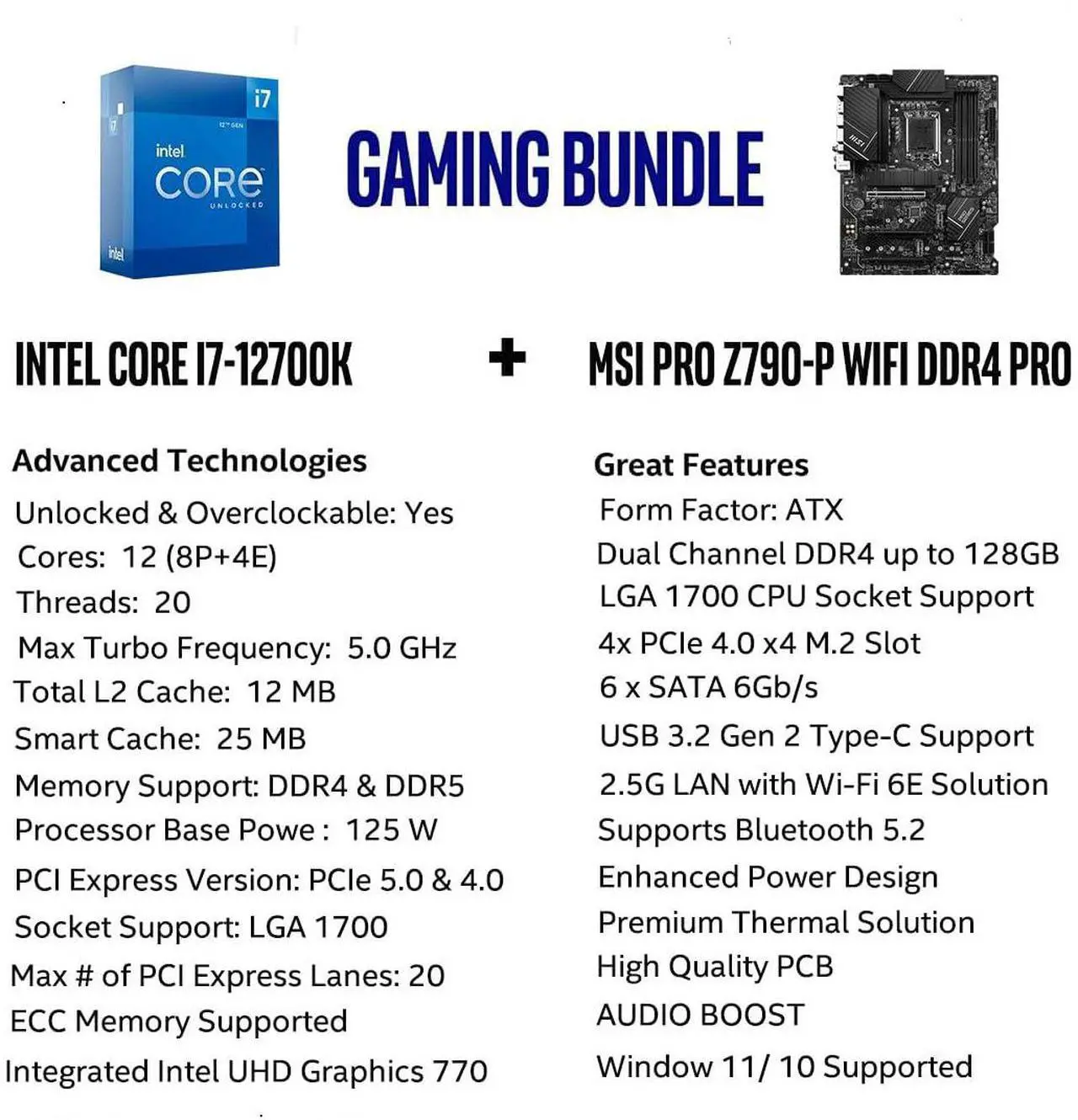 Alt view image 2 of 5 - INLAND Micro Center CPU Motherboard Intel Core i7-12700K 12 Cores up to 5.0 GHz Unlocked LGA 1700 Desktop Processor with Integrated Graphics Plus MSI PRO Z790-P WiFi DDR4 Motherboard