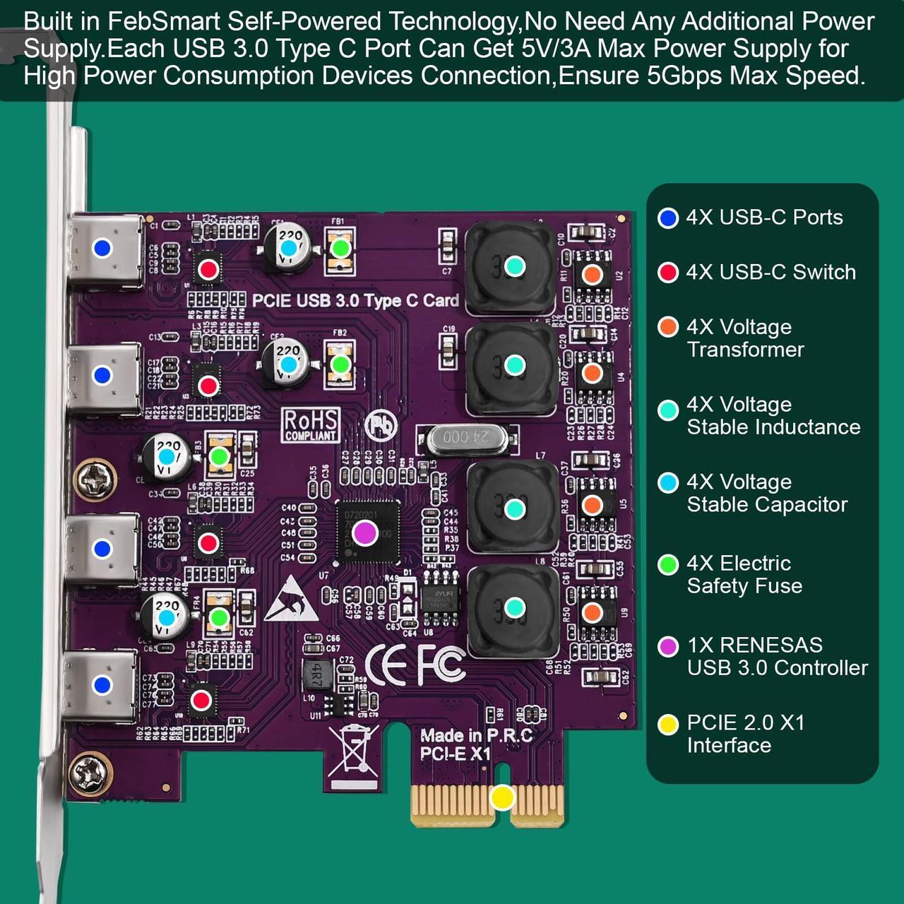 Alt view image 3 of 5 - FebSmart 4X 5Gbps USB-C Ports PCI Express USB 3.0 Expansion Card for Windows 11, 10, 8.x, 7, Vista, XP Desktop PCs, Built in Self-Powered Technology, No Need Additional Power Supply (FS-U304C-Pro)