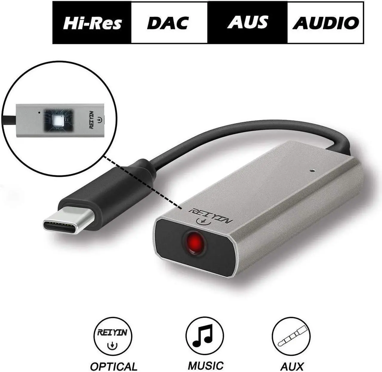 Alt view image 5 of 5 - Reiyin DA-03 USB-C DAC Audio Converter 192kHz 24bit Toslink Optical 3.5mm AUX Output External Sound Card